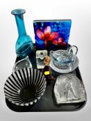 A group of Scandinavian glass ware, Art glass plaque, bowls, blue glass vase,