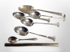 A group of silver teaspoons etc