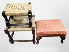 Two wicker footstools and a further upholstered example (3)