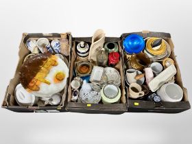 Three boxes of 20th century Scandinavian ceramics, vases, Steins, fruit bowls,