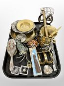 A tray of metal wares including brass pestle and mortar, scales, silver plated items,