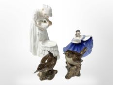 A pair of ceramic Wren salt and pepper sifters and two Royal Doulton figurines