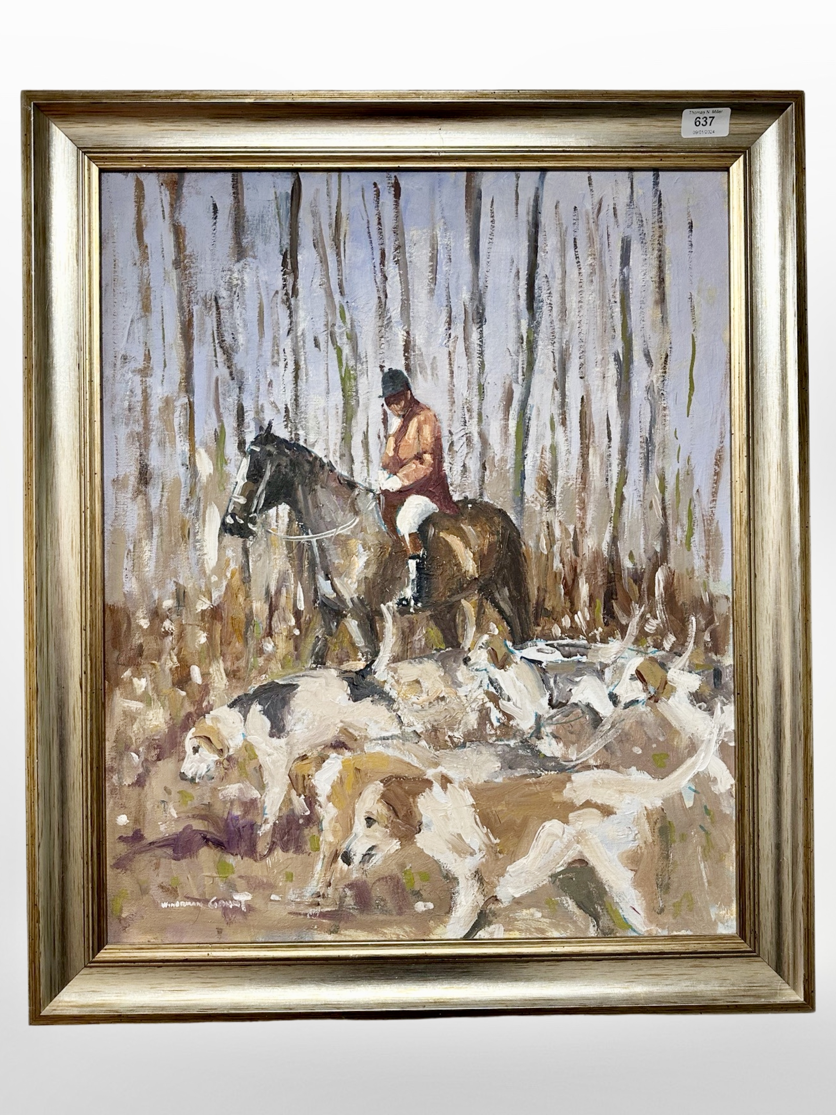 William Norman Gaunt (British 1918-2001): A Mounted Huntsman with Hounds in Woodland, oil on board,