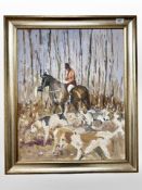 William Norman Gaunt (British 1918-2001): A Mounted Huntsman with Hounds in Woodland, oil on board,