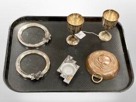 A group of metal wares, glass and plated coasters,