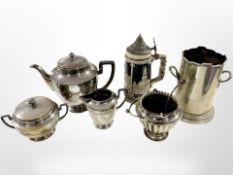 A silver plated bottle stand and further tea service,