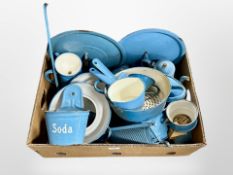 A box of early 20th century Danish enamelled kitchen wares including pots,