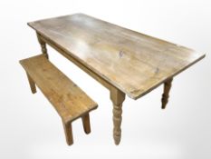 A pine farmhouse style dining table, length 214 cm,
