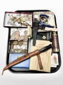 A group of pre-decimal coins, John Player cricker cigarette cards, pocket telescope,