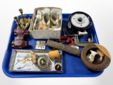 A tray of collectables, cut throat razor, bakelite binoculars, vintage child's shoes,