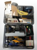 Two crates of assorted power tools, 48 piece drill set, Karcher window vac, tile cutter,