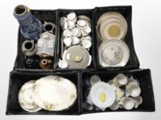 Five crates of ceramics, Royal Grafton tea set, Royal Doulton tea set, West German salt glazed vase,