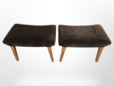A pair of teak footstools in dralon upholstery,