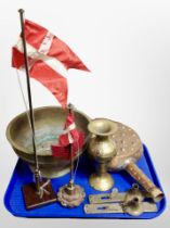 An engraved brass bowl together with two Danish flag poles, brass door escutcheons,