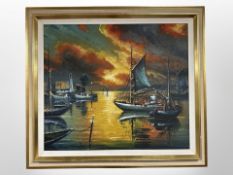 Danish school : oil on canvas, boats at sunset,