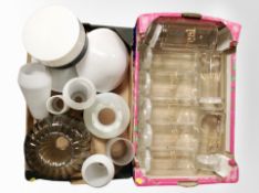 Two boxes of glass ware, light shades,