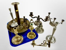 A large brass chamber stick, small pair of brass candlesticks,