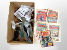A box of Spitfire model, airplane model, assorted comics including Ghost rider,