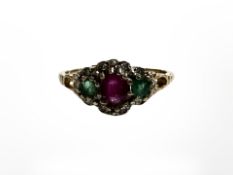 A 9ct gold diamond ruby and emerald ring