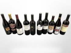 Ten bottles of red wine - Lindemans Tollana, Minervois 2000, Marques de Valencia 2001,