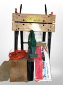 A Workmate folding work bench, Black and Decker trolley, electric hedge trimmer,
