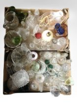 Two boxes of 20th century clear and coloured glass ware, jugs,