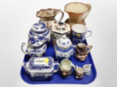 A group of Maling blue and white ceramics, miniature toby jugs, Masons brown velvet jug,