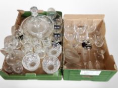 Two boxes of 20th century glass ware, ships decanter, fruit bowl,