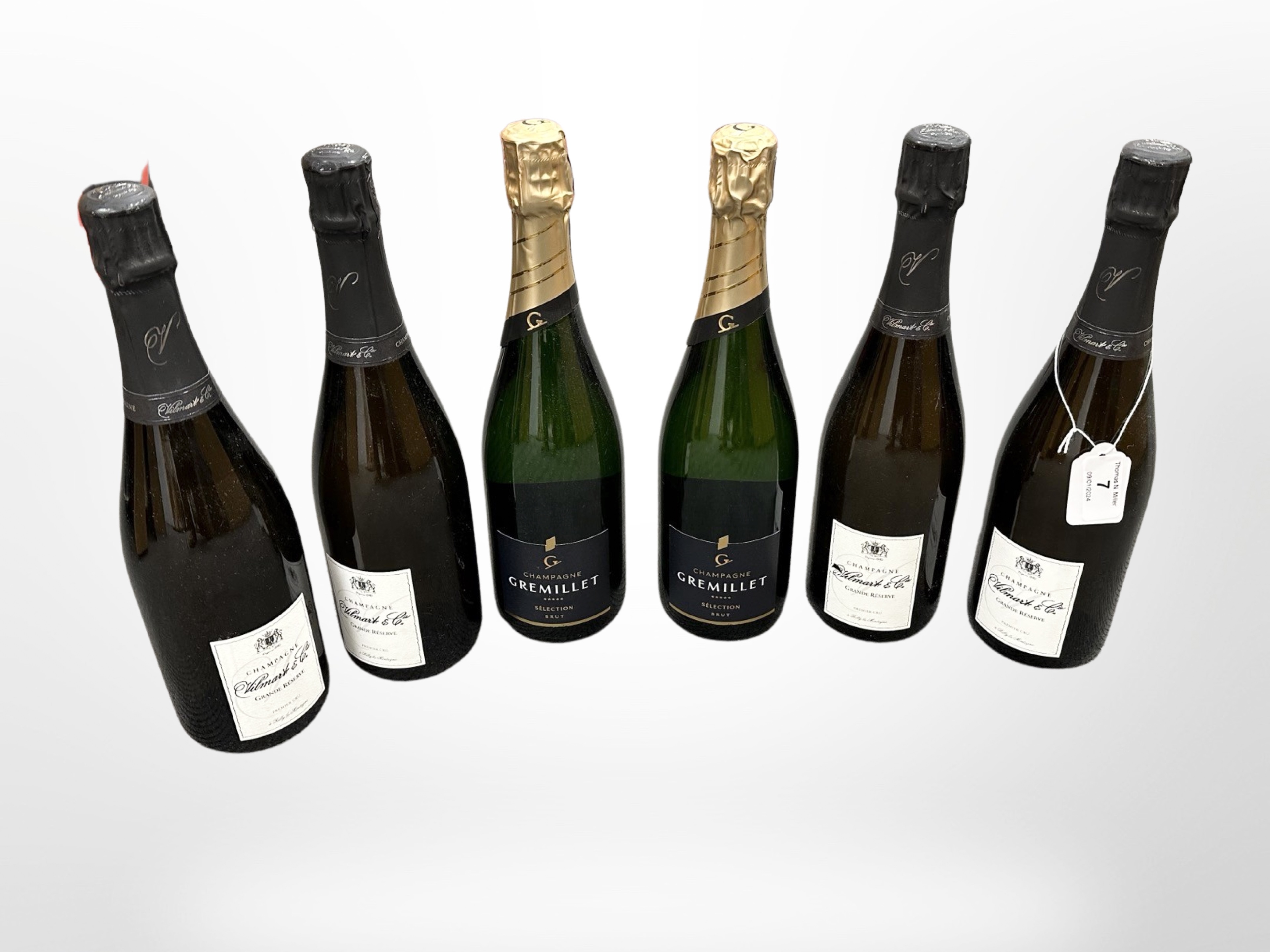 Six bottles of champagne - Gremillet Brut (2) and Vilmart & Co Grande Reserve, 750ml.