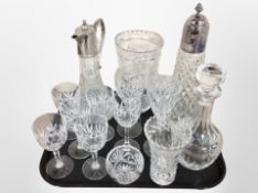 A group of crystal including two silver plate mounted claret jugs, vase, decanter,