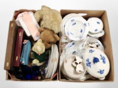 Two boxes of Royal Copenhagen blue and white dinner ware, glass, teddy bears,
