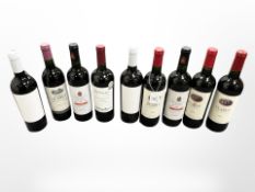 Nine bottles of red wine - Chateau Gabron, Vinalba reserva 2010 Malbec, Targa Rioja,