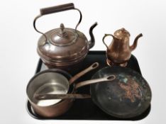 A Victorian copper kettle together with two pans,