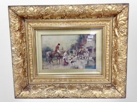 A Victorian over-painted print after N Brown depicting a fox hunting scene in heavy gilt frame,