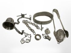 A group of white metal and plated items, chains,