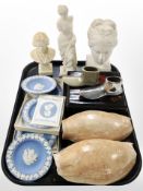 A group of Wedgwood blue and white Jasperware plates, a Japanese lacquered box, busts, shells, etc.