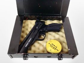 A Webley Tempest 22 calibre air pistol in metal case with tin of pellets.