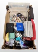 A box of assorted costume jewellery, lady's and gent's wristwatches, jewellery display stands, etc.
