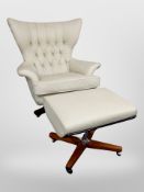 A G-Plan model 6250 'Blofeld' cream buttoned leather swivel armchair on teak support with matching