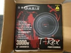 Two DB Audio T-rex professional 3000 watt subwoofers in boxes.