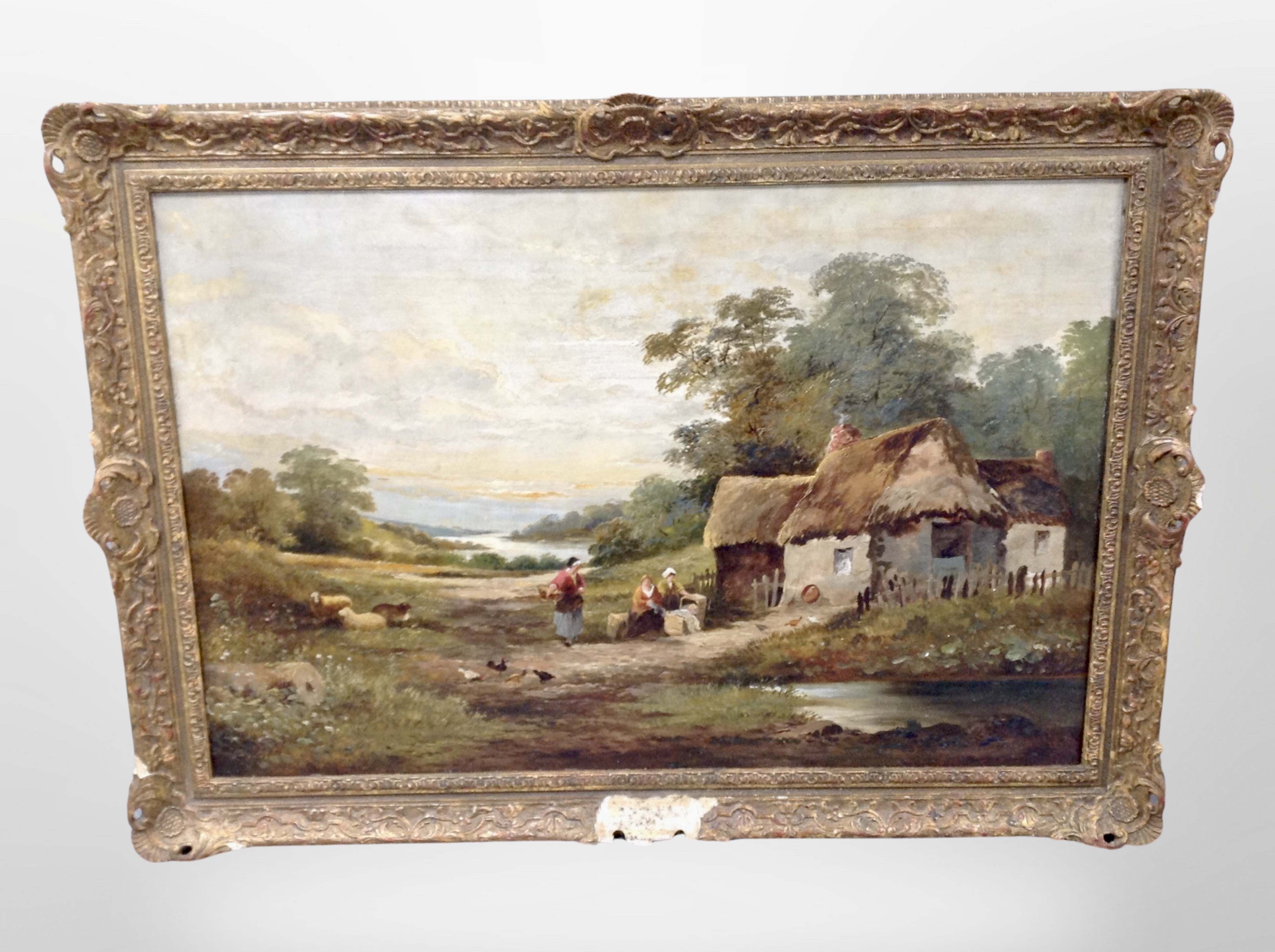 Twentieth century School : Figures outside a thatched cottage with poultry, oil on canvas,