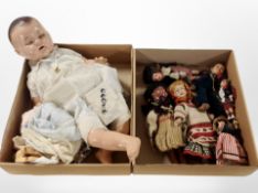 Two boxes containing vintage dolls, an Alexander Doll Company jointed doll, doll's clothing, etc.