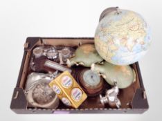 A box containing globe, oak barometer, table lighter, silver-plated wares, etc.