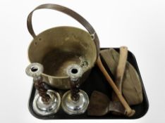 A brass jam pan, pair of oak barley twist candlesticks, vintage hand axe,