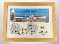 Gordon Barker : Figures playing in snow, acrylic, 34 cm x 24 cm, framed.