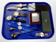 A group of gent's quartz wristwatches, miniature golf drivers, leather cigar case,