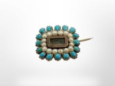 A Victorian gold turquoise and seed pearl memorial brooch, 19mm by 16mm.