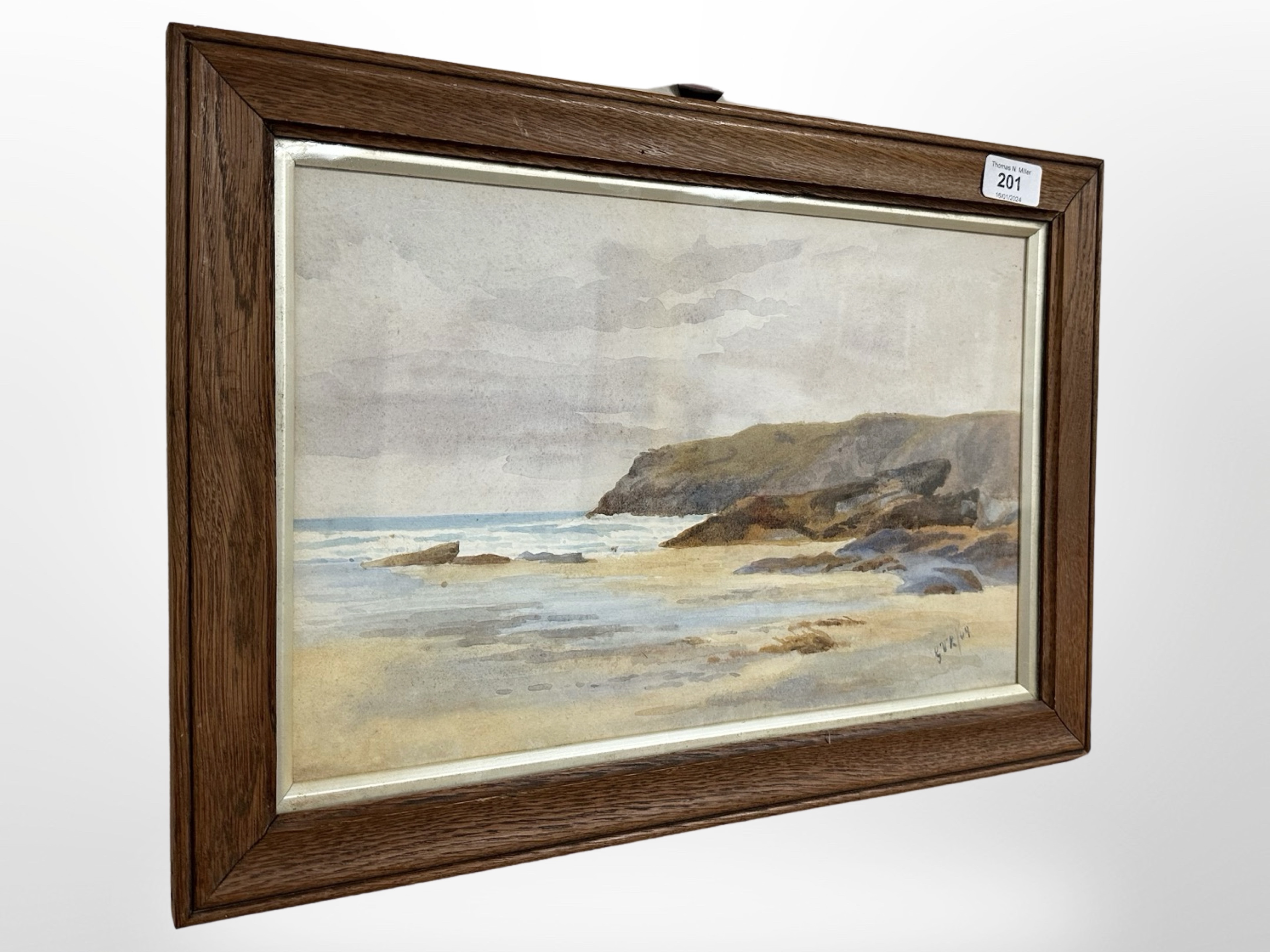 John William Gilroy (1868 - 1944) : Sandy Beach with Rocky Headland Beyond, watercolour, signed,