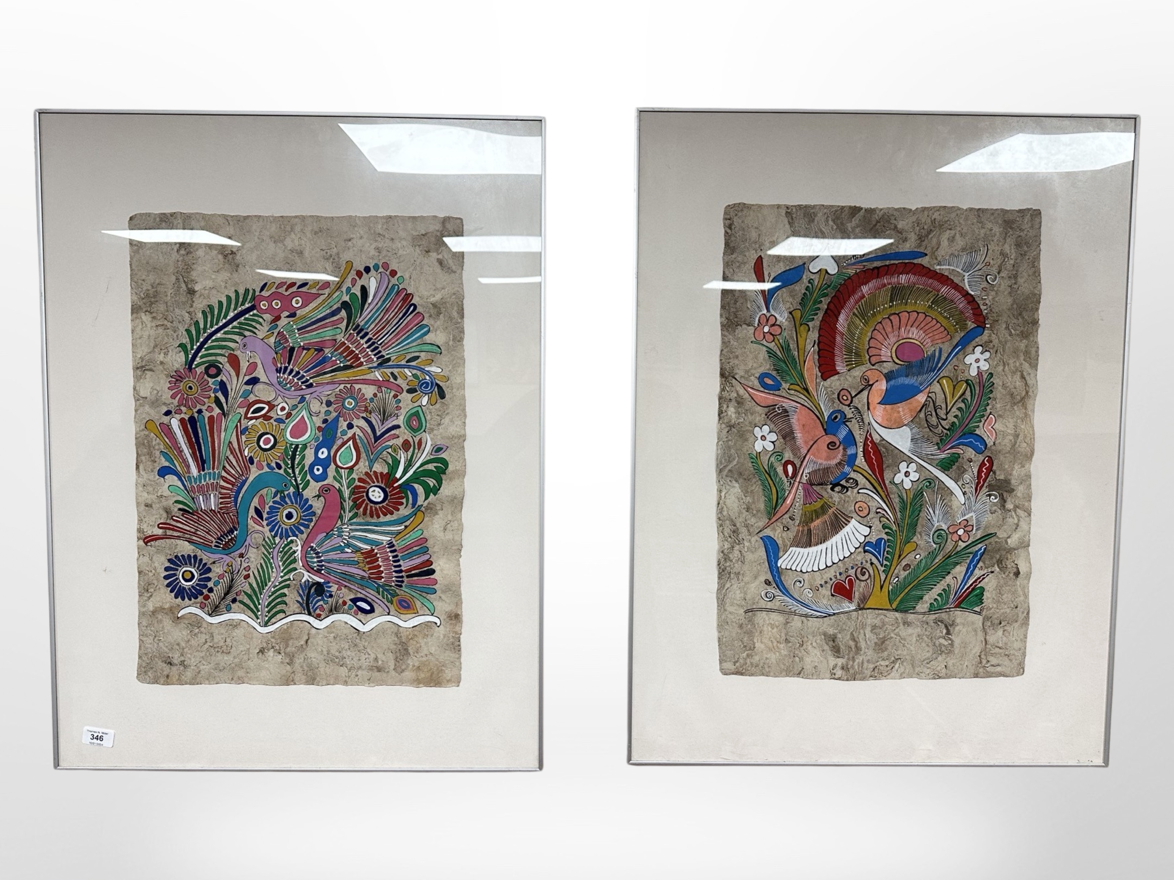 A pair of continental watercolour drawings depicting birds in foliage, each 60cm x 80cm.