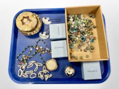 A Venetian hand-painted glass box, a Halcyon Days enamelled pillbox, costume bead necklaces,